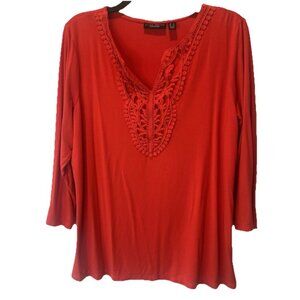 Susan Graver Weekend Red Crochet V Neck 3/4 Sleeve Liquid Knit Tunic Top L